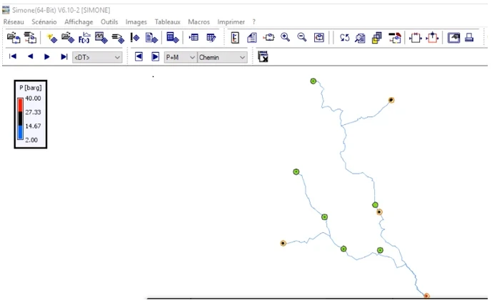 Interface du logiciel Simone affichant un réseau de pipelines avec indicateurs de pression en bar.